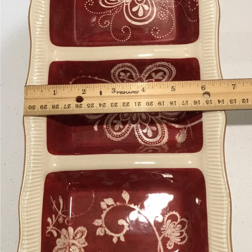 Pier 1 Red and Cream Ceramic Divided Tray with Floral Motif